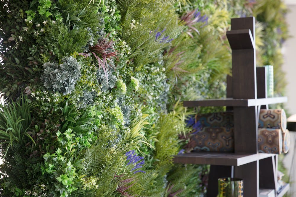 Indoor vertical garden behind shelves