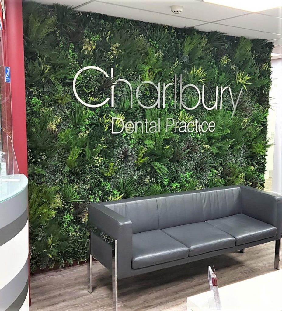 an artificial green wall installation in a dental surgery