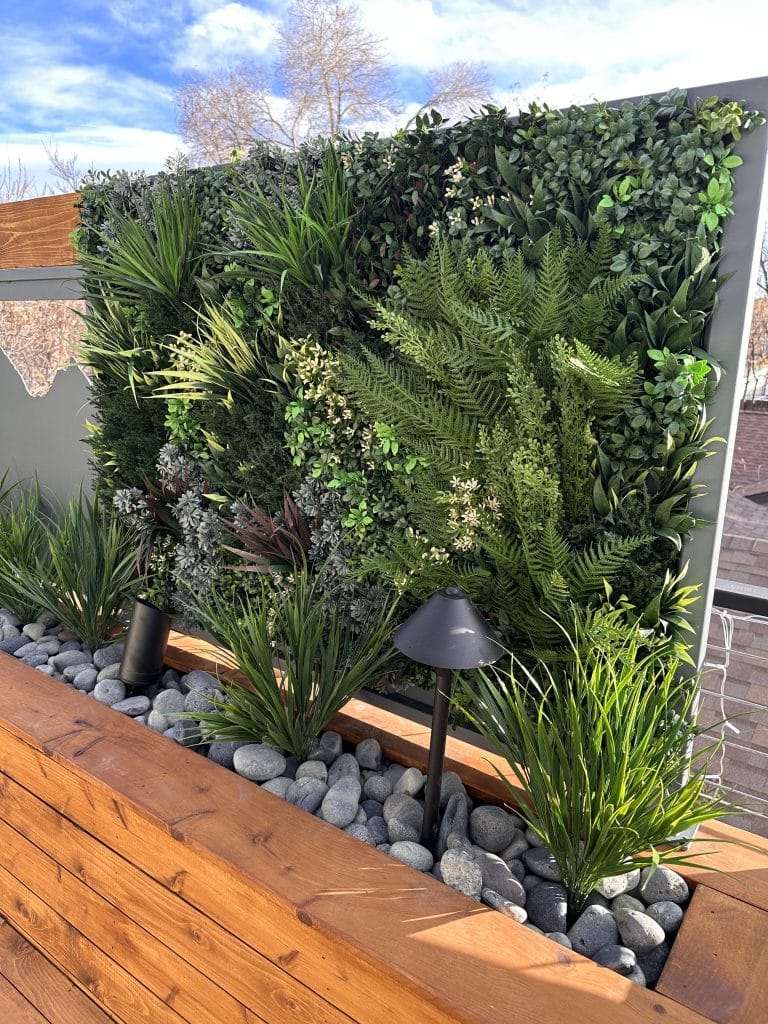 An artificial rooftop garden green wall in Denver, Colorado