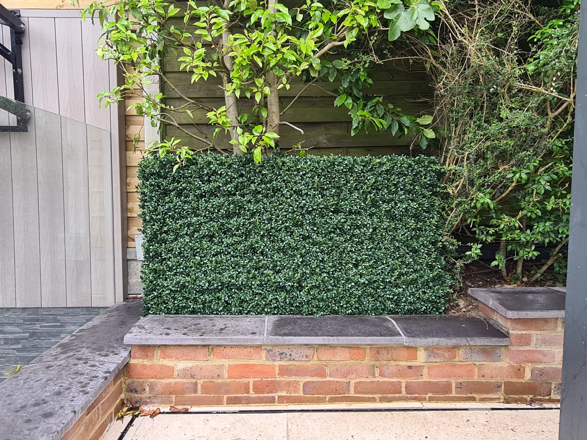 An artificial boxwood hedge in a garden