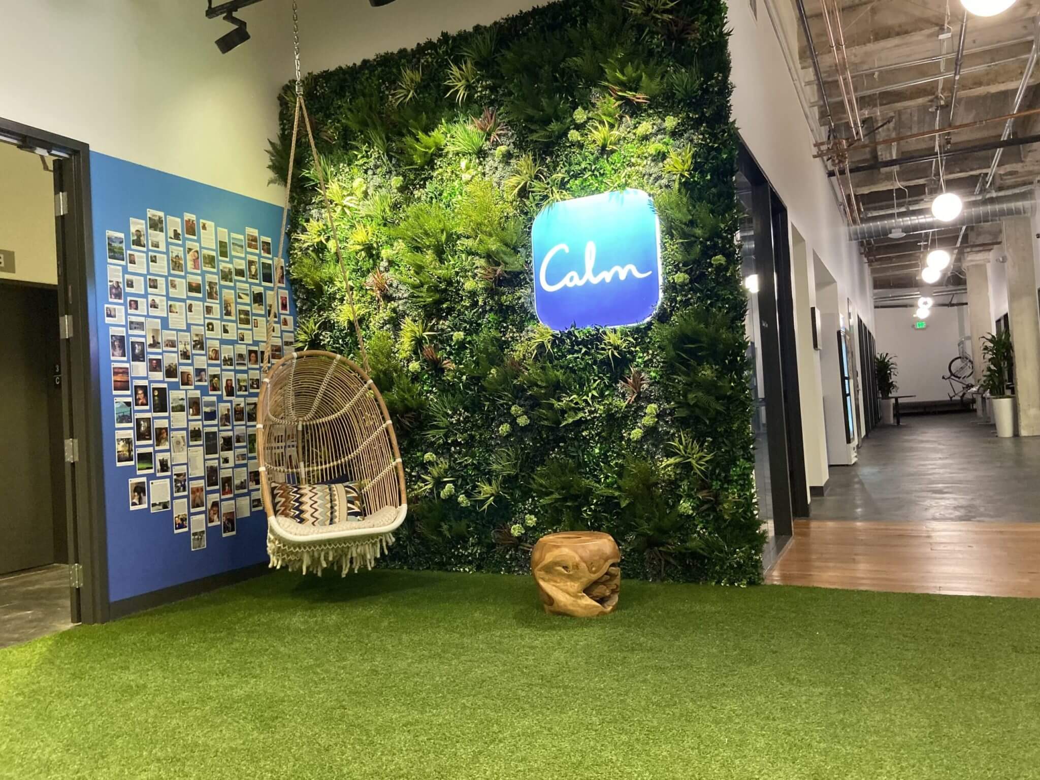 The Calm Office Headquarters in San Francisco, California, features a green wall adorned with a neon Calm sign, a hanging wicker chair, and a small brown sculpture. A blue wall displaying a photo collage stands to the left, while an industrial-lit corridor extends to the right.