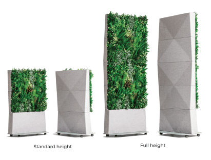 Four Foliascreen planters on wheeled bases, with two at standard height and two at full height. These modern vertical planters showcase lush green foliage and geometric gray panels.