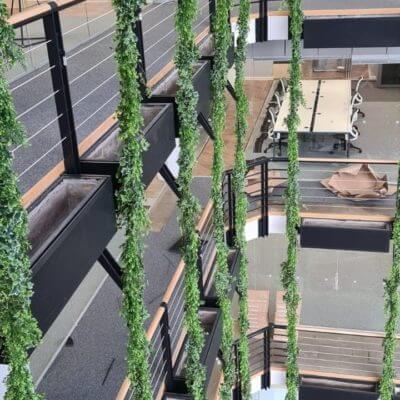 The Trailing Buxus Texture Box creates a vertical indoor garden with cascading greenery along the railings of a multi-story building, featuring visible open floors and showcasing a glass conference room equipped with a long table and chairs in the background.