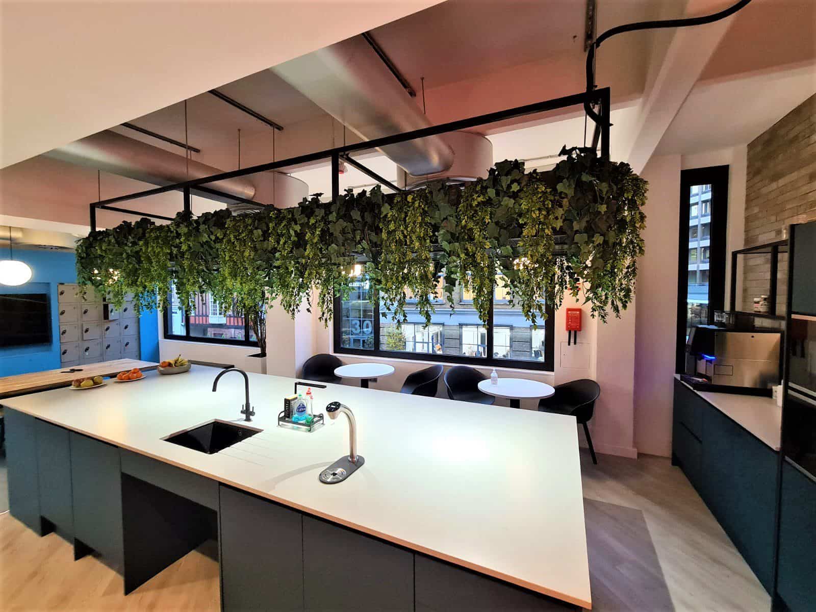 Modern kitchen with a large island and a white countertop. Hanging greenery, thanks to an artificial trailing plant installation in London, decorates the ceiling above the island. Black cabinets and appliances are in the background, while a window reveals an urban UK view outside.