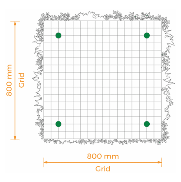 The Artificial Green Wall Fixing System features a grid that measures 800 mm by 800 mm, adorned with floral patterns. Four green dots mark the corners within the grid, while arrows highlight its dimensions.