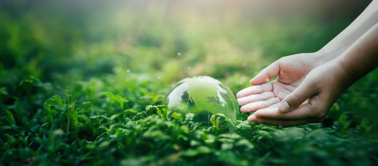 Hands gently cradle a small glass globe set on lush green grass, symbolizing care for the environment and global sustainability. Sunlight softly illuminates the scene with an artificial glow, creating a serene and hopeful atmosphere.