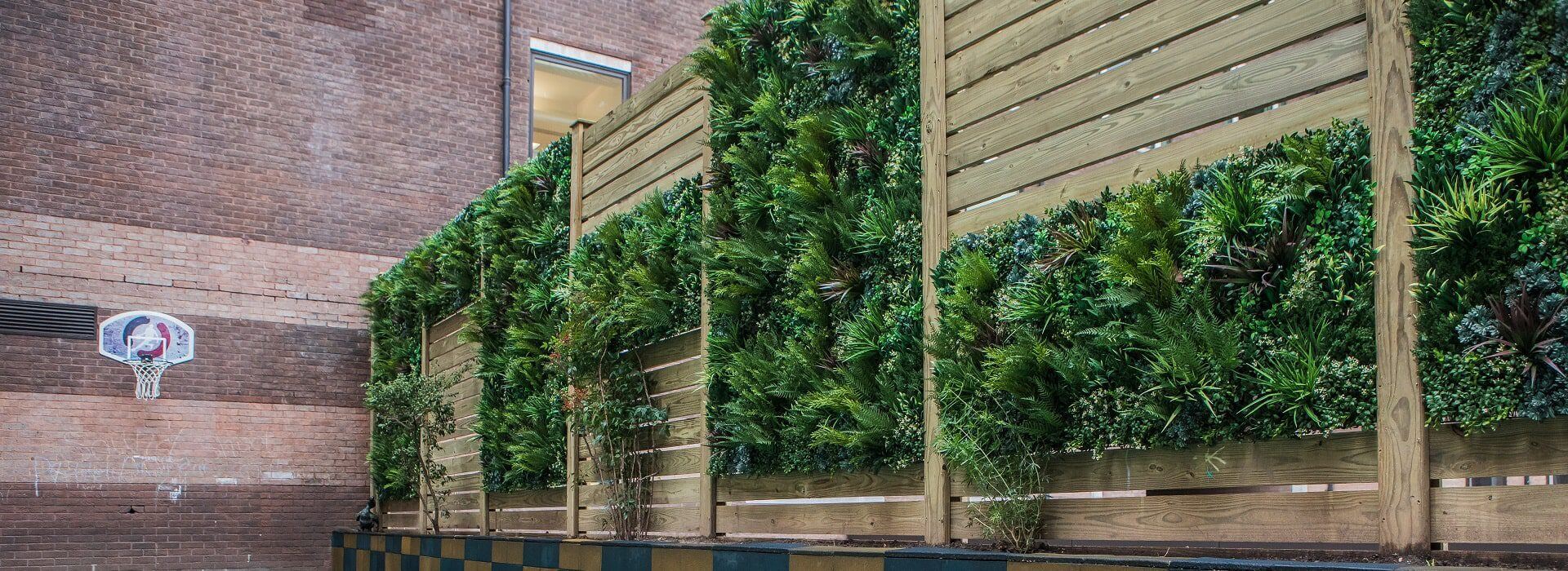 A wooden fence adorned with lush green plants serves as a privacy screen for a school in London, standing in an urban courtyard. A basketball hoop is mounted on a nearby brick wall, seamlessly blending nature with the city environment.